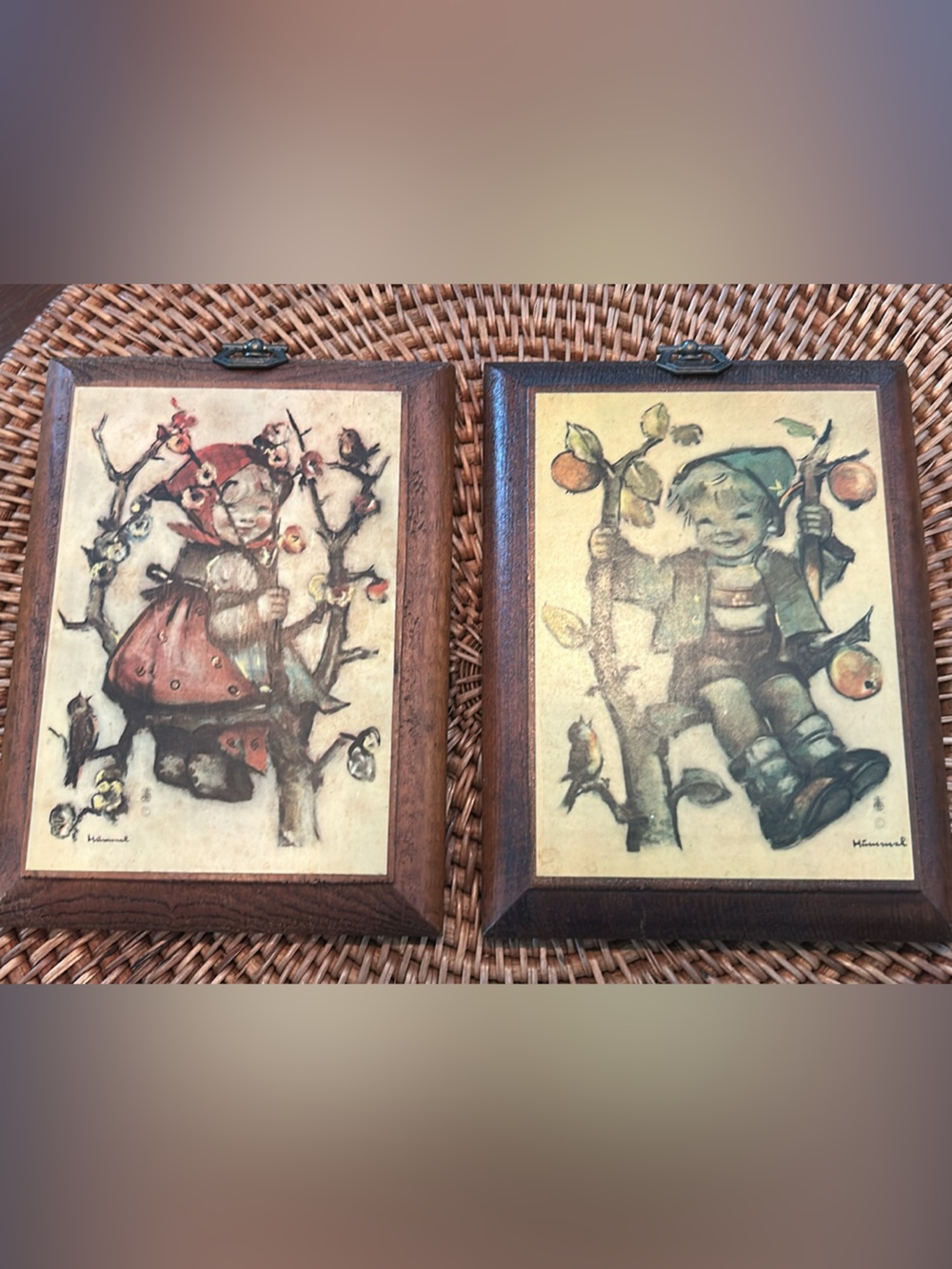 Vintage Style Brown Wood Framed Hummel Illustration Wall Plaques - Set of 2